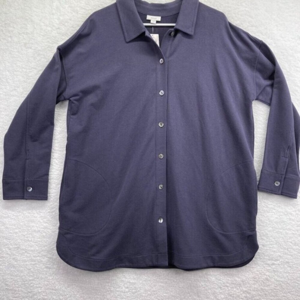 New Pure Jill Womens Duster Jacket Sz Large Prima Cotton Button Front Navy Blue